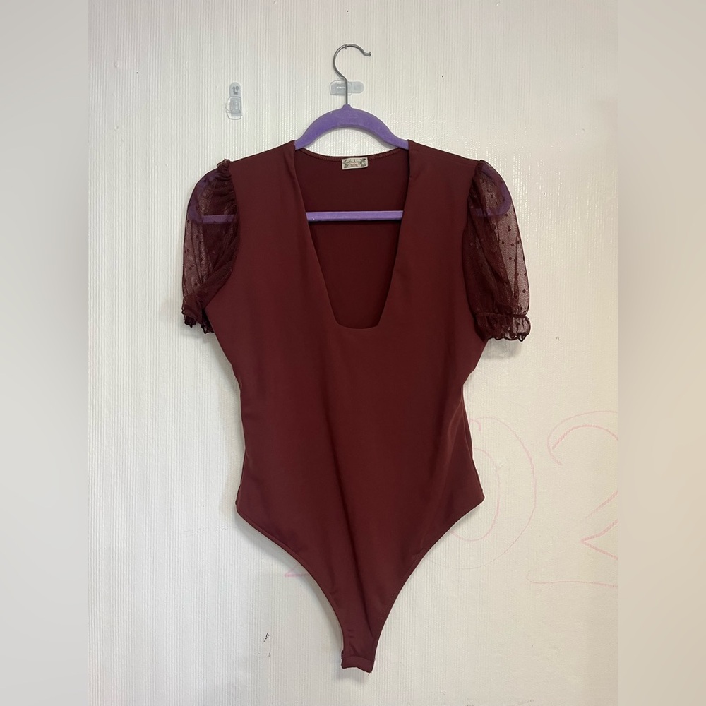 Deep V Burgundy Puff-Sleeve Bodysuit